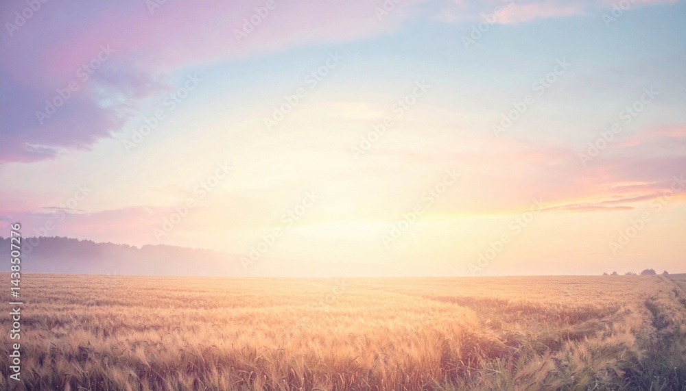 Obraz premium Sunrise over golden wheat fields rural landscape nature photography serene environment wide angle view tranquil concept