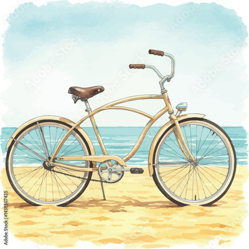 Watercolor illustration of a vintage bicycle on a sandy beach
