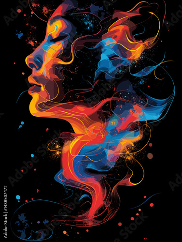 Woman's face is painted with bright colors and smoke