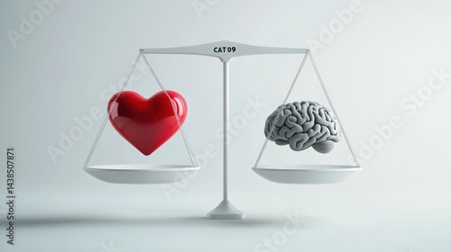 Heart vs Brain balance scale;  emotional vs. rational;  white background; concept image