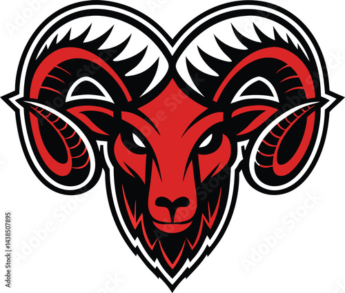 Fierce Ram Head Logo with Curled Horns Red Face Aggressive Mascot Design for Sports Team Emblem Vector Graphic