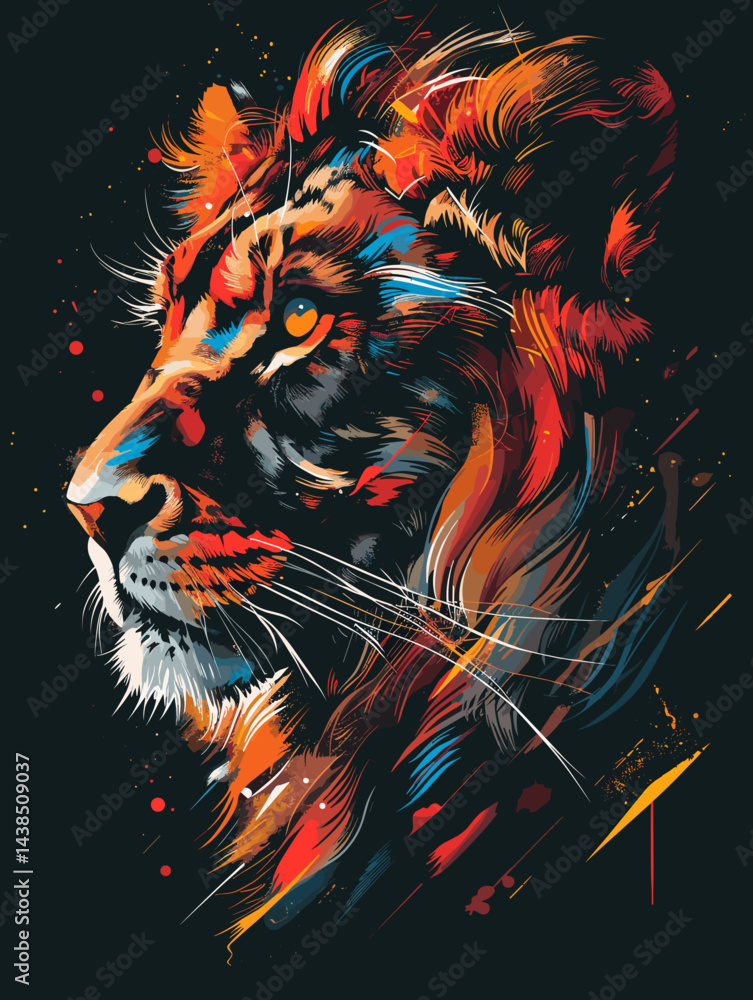 Colorful painting of a lion with a yellow eye Colorful painting of a lion with a yellow eye
