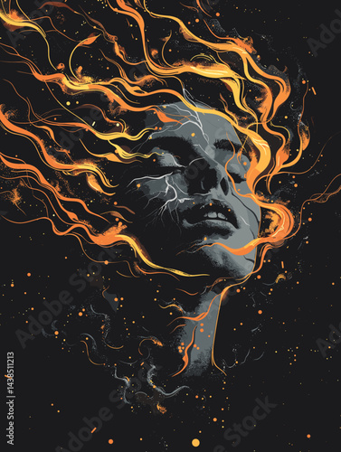 Woman's face is shown with flames surrounding her