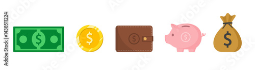 Piggy bank, coin, wallet, banknote, money bag sack icon set with dollar currency symbol vector illustration. Business, money and finance icons collection elements design.