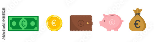 Piggy bank, coin, wallet, banknote, money bag sack icon set with euro currency symbol vector illustration. Business, money and finance icons collection elements design.