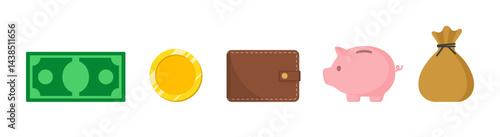 Piggy bank, coin, wallet, banknote and sack icon set business finance elements vector illustration. Business, money and finance icons collection elements design.