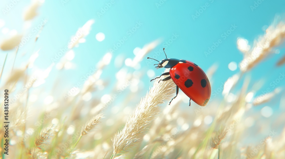 Fototapeta premium A ladybug perched on a blade of grass with a clear blue sky in the background