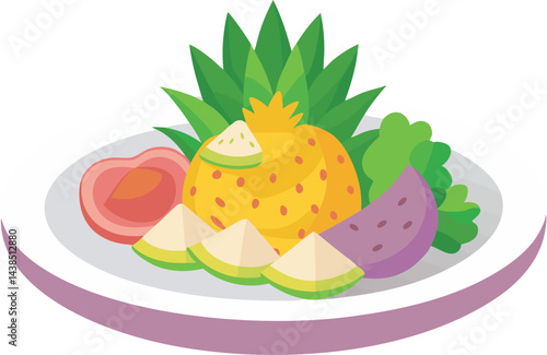 A vibrant vector art illustration of a "Pineapple Passion Platter" fruit salad, showcasing colorful tropical fruits arranged in a lively composition.