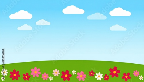 Vibrant spring flower field lush green landscape digital artwork bright sky cheerful atmosphere