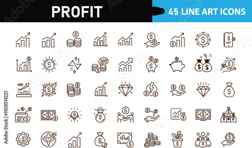 Profit and Finance Line Icons Set – 45 Business Growth, Money, and Investment Symbols for Financial Projects with transparent background .