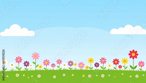 Colorful flower garden blooms under clear blue sky nature scene digital illustration vibrant environment wide view
