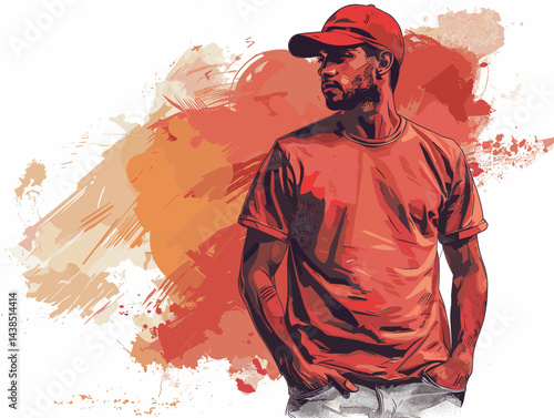 Stylish hipster man in red shirt and cap. Vector illustration