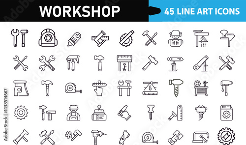 Workshop Tool Line Icons Set Minimalist Repair & Construction Symbols for Design Projects with transparent background.

