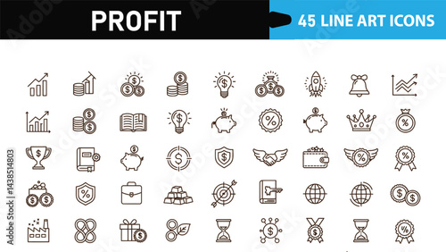 Profit and Finance Line Icons Set – 45 Business Growth, Money, and Investment Symbols for Financial Projects with transparent background .
