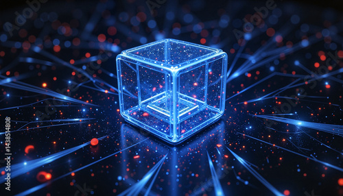 3D glowing cube with energy rays on a dark background  
