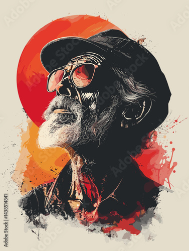 Grunge style illustration of a man in a hat and sunglasses.