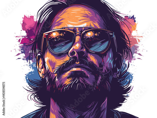 Hipster man with beard and sunglasses. Vector illustration in grunge style