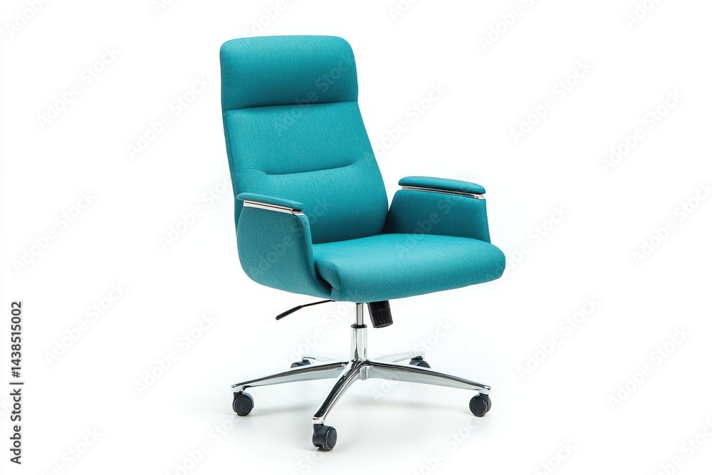 Teal fabric office chair with chrome base and armrests, modern design. Teal fabric office chair with chrome base and armrests, modern design.