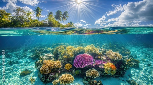 Fototapeta Naklejka Na Ścianę i Meble -  A coral reef under a crystal-clear ocean with rays of sunlight shining through
