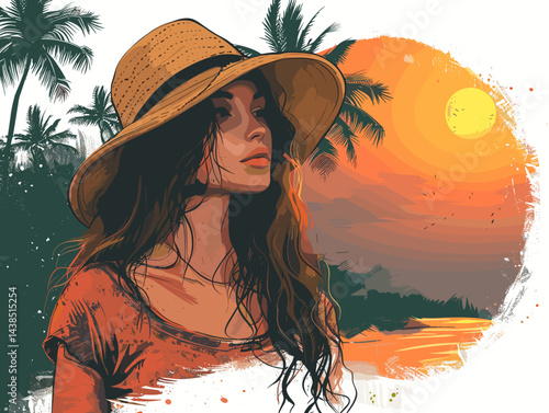 Beautiful young woman in a hat on the beach. Vector illustration.