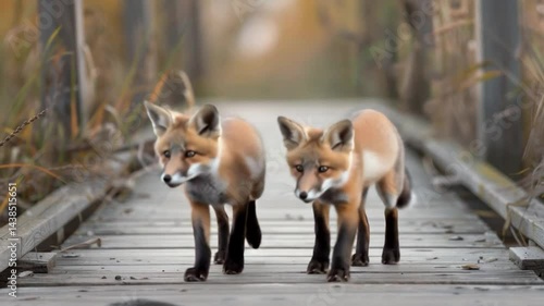 A young red fox, Vulpes vulpes, with furry red and white fur, is a wild canine predator hunting in the snowy nature