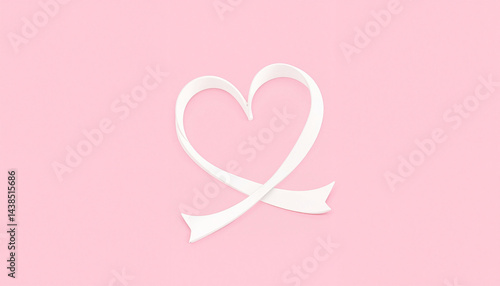 White ribbon heart shape on pink background  