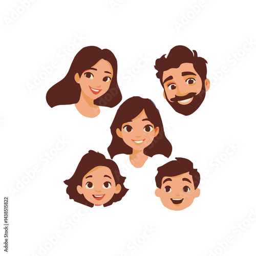Colorful vector illustration of a happy family portrait featuring smiling parents and two children. Perfect for family-themed designs, greeting cards, Father's Day, Mother's Day