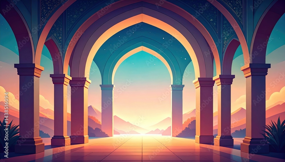 Obraz premium Majestic sunset over arched landscape serene mountains digital art tranquil environment wide angle nature's beauty