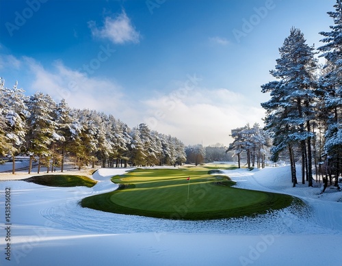 a beautiful golf course covered by snow
