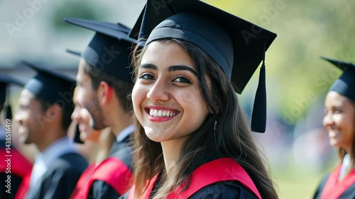 Joyful graduation celebration: happy graduate smiling proudly in line of peers