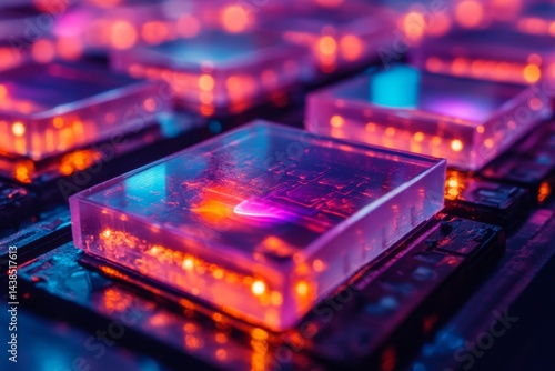 Glowing purple and pink microchip on electronic board
