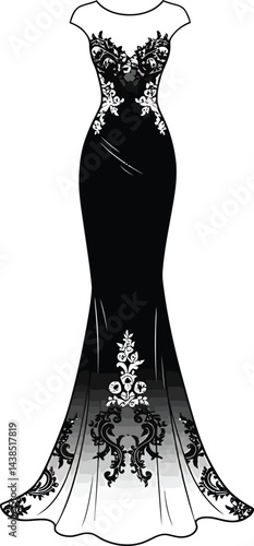 Elegant Lace Evening Gown - Black and White Vector Graphic