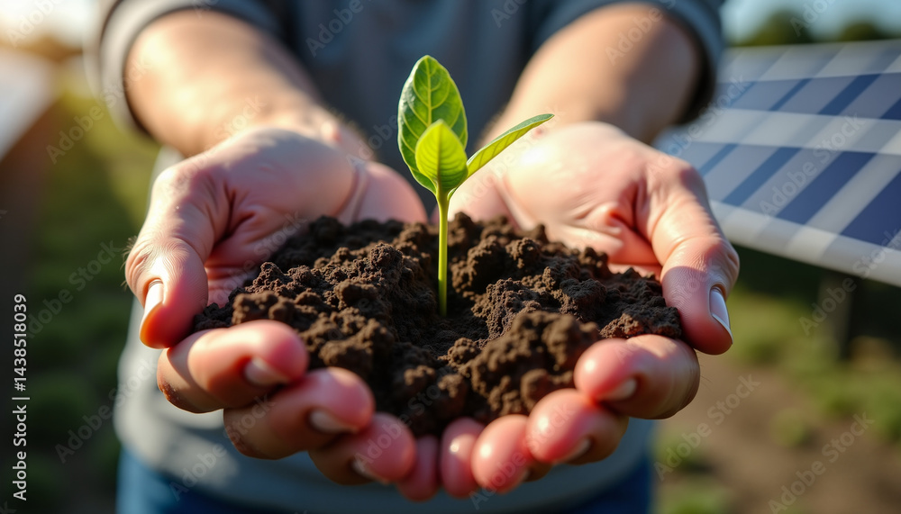 Hands nurturing a young plant against solar panels Hands nurturing a young plant against solar panels