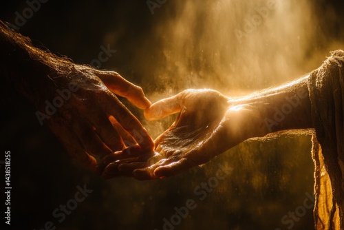 Close-up of two hands reaching toward each other with dramatic lighting