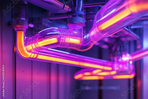 Colorful neon pipes installation glowing in a dark room