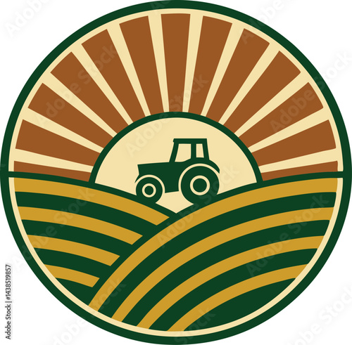 Farm Tractor in Rolling Fields at Sunset Vintage Emblem