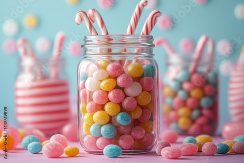 Assorted colorful candies in glass jar with festive decorations
