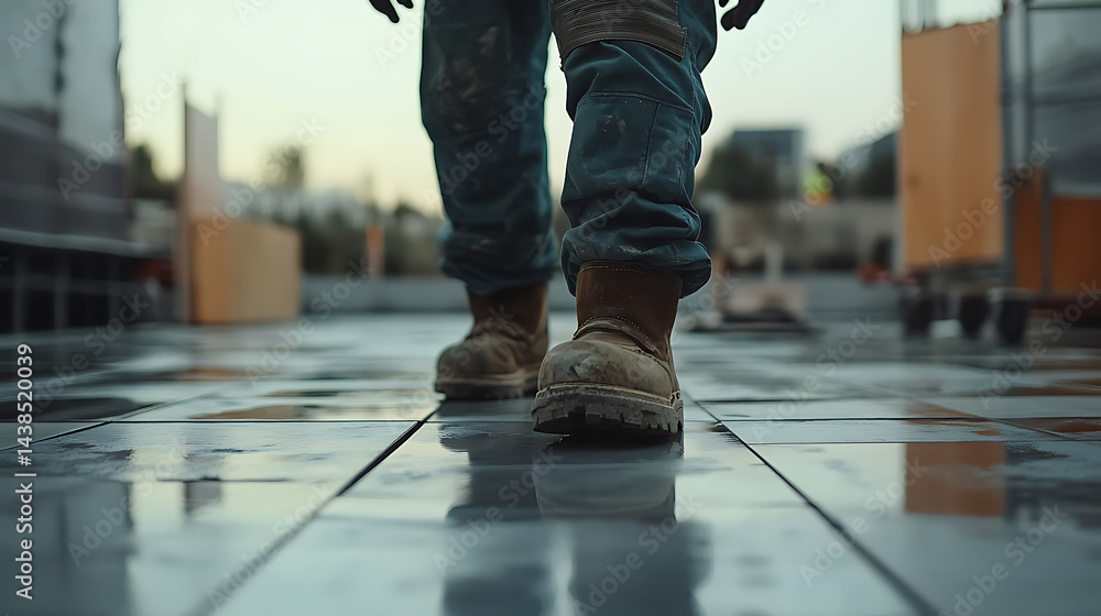 Fototapeta premium Construction Worker Walking on Tiled Floor