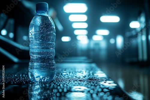 Plastic water bottle on gym floor with blurred fitness equipment in background