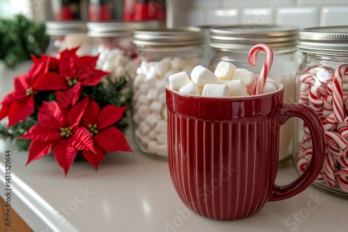 Christmas red mug with white snowflake pattern standing next to poinsettia flowers