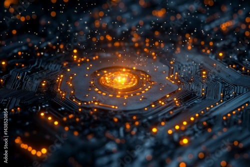 Top view of illuminated circuit pattern resembling a microchip