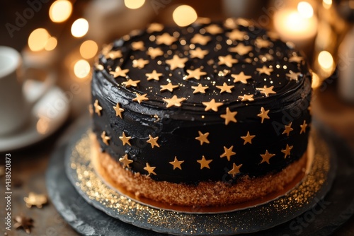 Black cake with white star decorations on golden plate