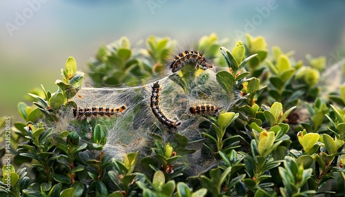 caterpillar infestation causing damage to boxwood shrubs in garden