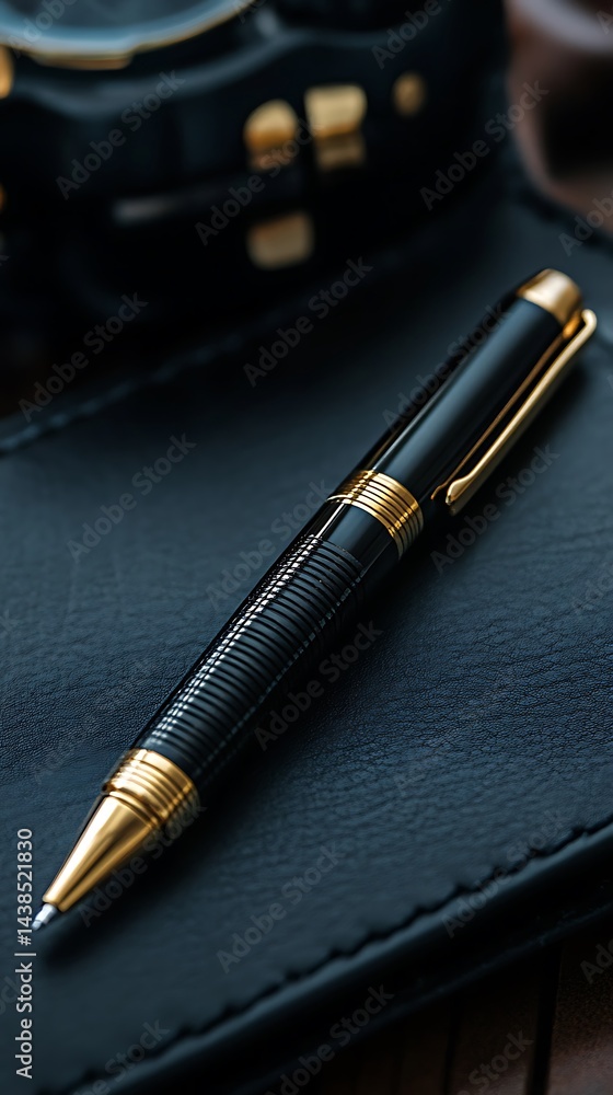 Elegant Black & Gold Ballpoint Pen on Dark Leather Notebook Closeup Macro Shot Elegant Black & Gold Ballpoint Pen on Dark Leather Notebook Closeup Macro Shot