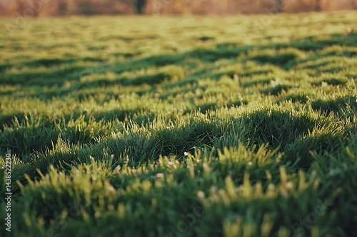 Feel essence spring soft green grass wildflowers gently sway breeze golden sunset light captured warm natural 4K visuals perfect peaceful seasonal backgrounds