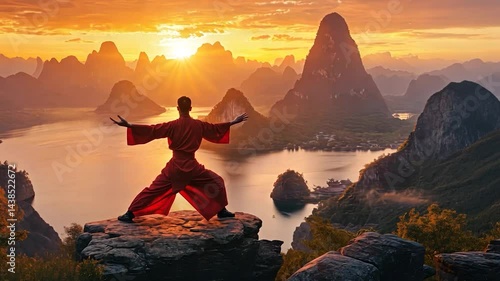 Man Practicing Tai Chi At Sunrise Over Chinese River Valley