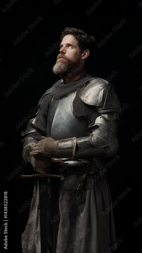 Pensive medieval knight in shining armor with beard looking upwards on dark background