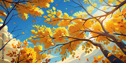 Autumn Tree Branches with Golden Leaves Against a Blue Sky