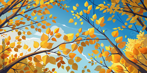 Autumn Leaves Golden Canopy Under Blue Sky View