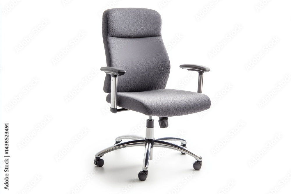 Gray fabric office chair with chrome base and adjustable armrests, perfect for ergonomic seating. Gray fabric office chair with chrome base and adjustable armrests, perfect for ergonomic seating.
